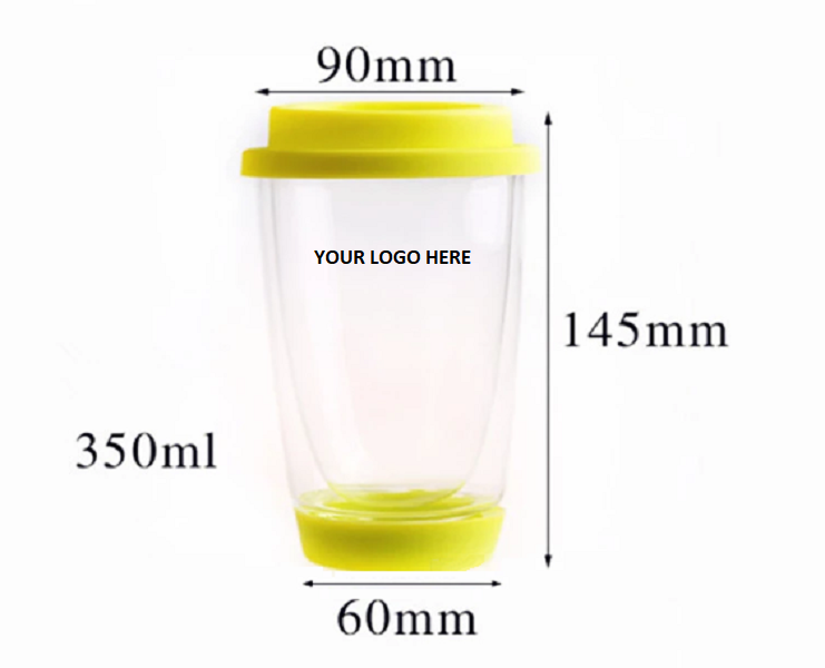 Displayed Image Double Wall Glass Cup w/ Colorful Silicone Lid 12 oz