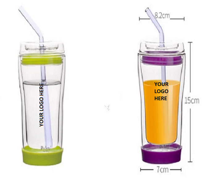 Displayed Image Double Wall Glass Juice Cup w/ Glass Lid & Straw 10 oz