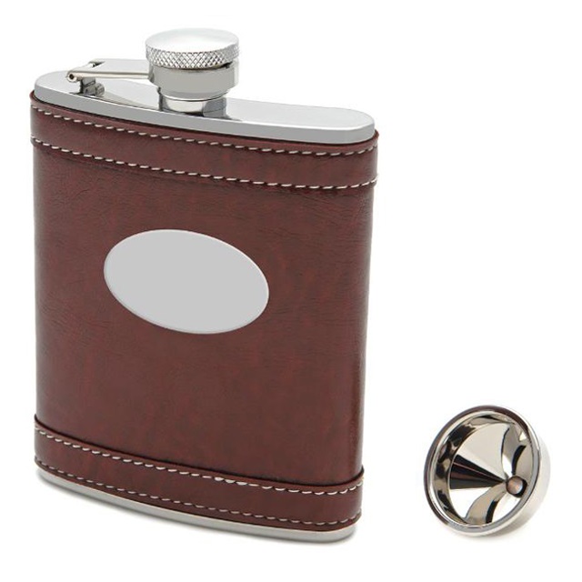 Displayed Image Stainless Steel Hip Flask with Leather Sleeve 8oz